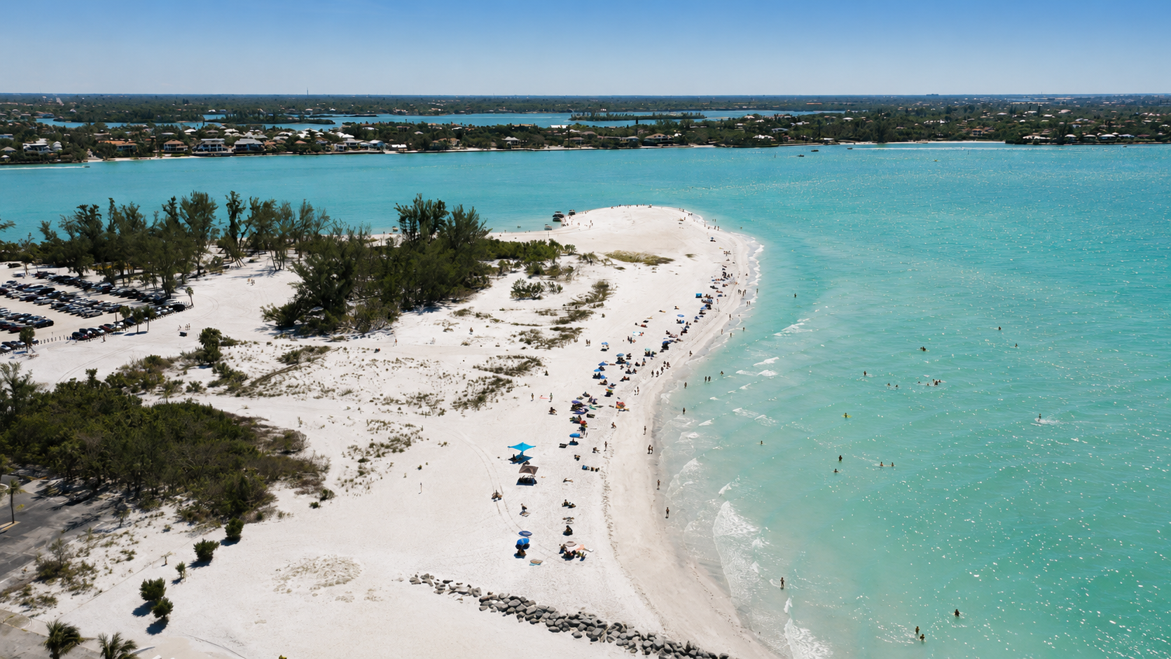 Aerial view of South Lido Beach and turquoise Sarasota water
