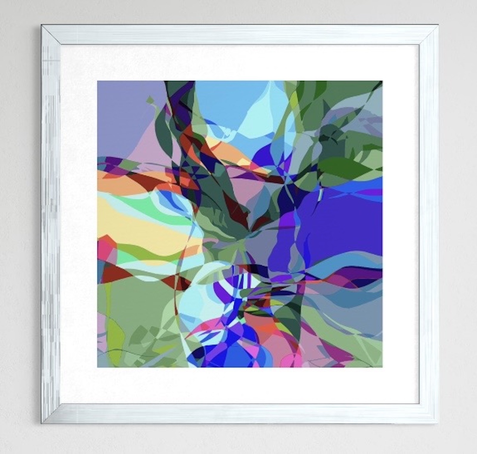 A framed abstract artwork in blue, green, violet and warm orange