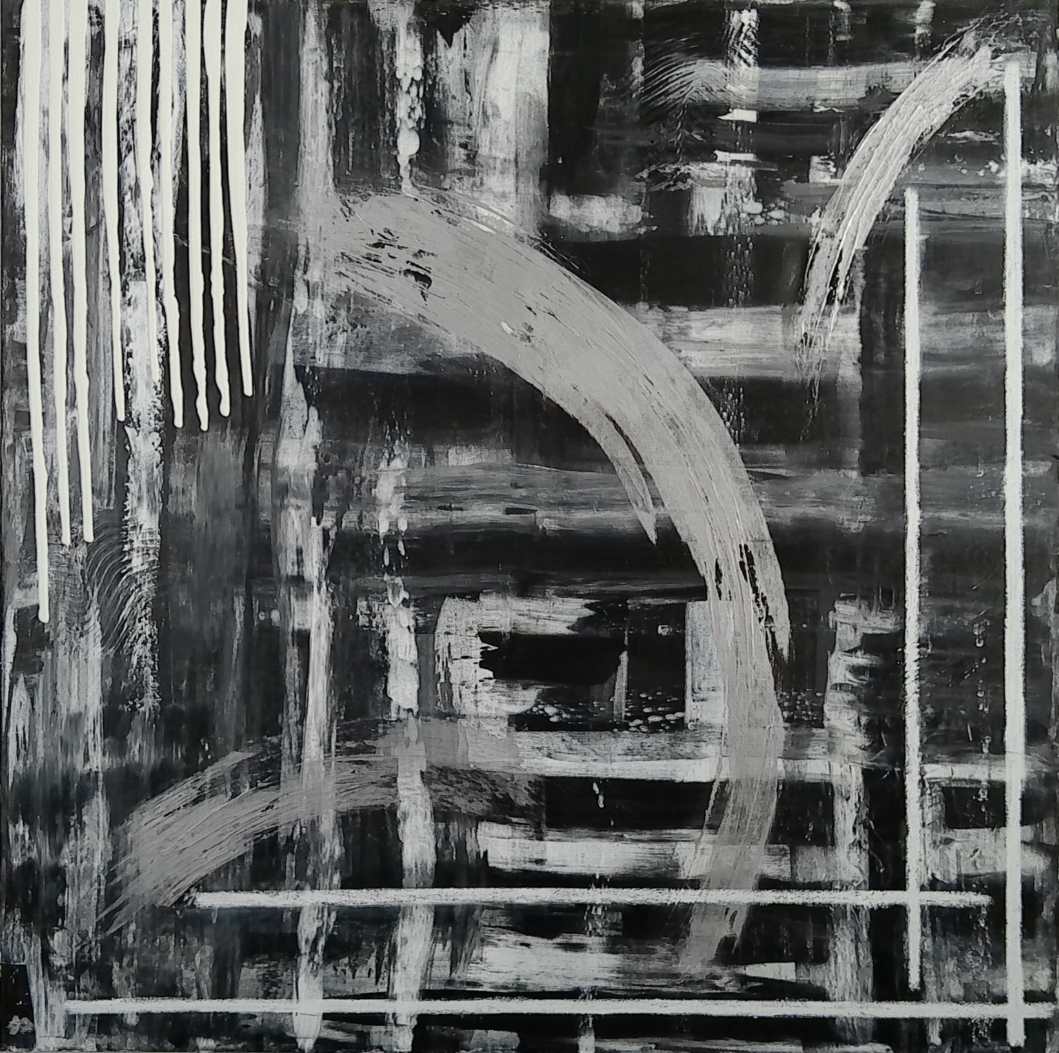 Black-and-white abstract artwork with sweeping brushstrokes and linear marks